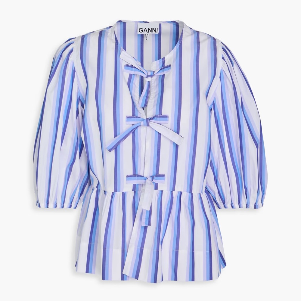 Ganni Blue Puff Sleeve Peplum Blouse